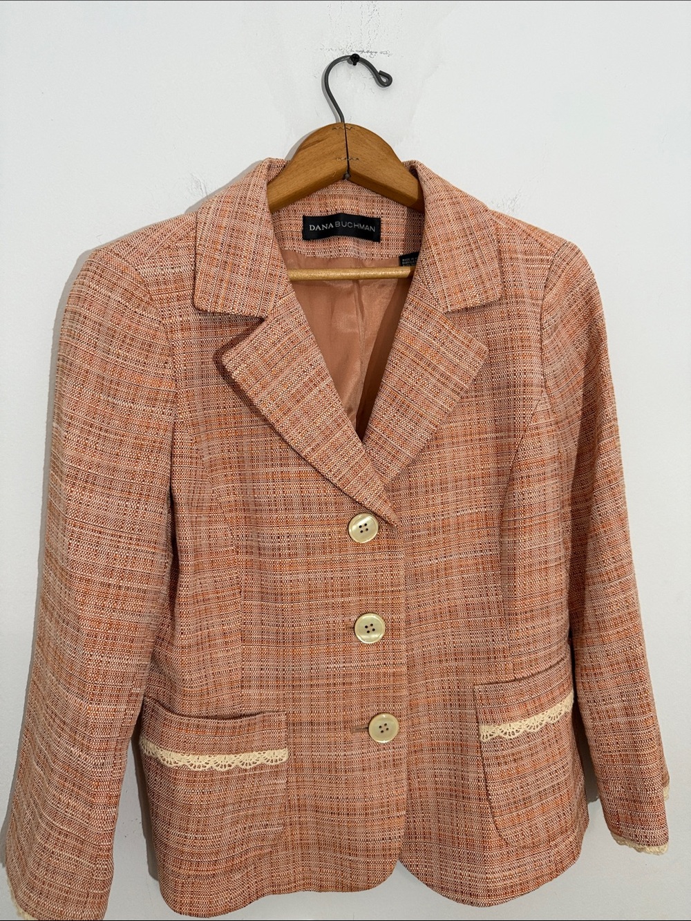 Dana Buchman Peach Plaid Tweed Blazer Business Casual Brunch Autumn Tailored